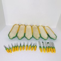 Vintage Japan Corn Cob Ceramic Holders W/ Butter Knives &amp; Skewers Set Of 6 - $39.50