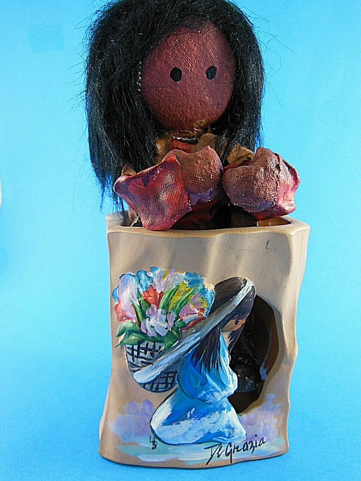 DeGrazia Sandstone creation pottery bag tea lite holder + 7&quot; canvas clot... - $29.69