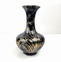 Vintage Studio Art Pottery Vase Gold Etched Floral Design Marble Look Si... - $39.97