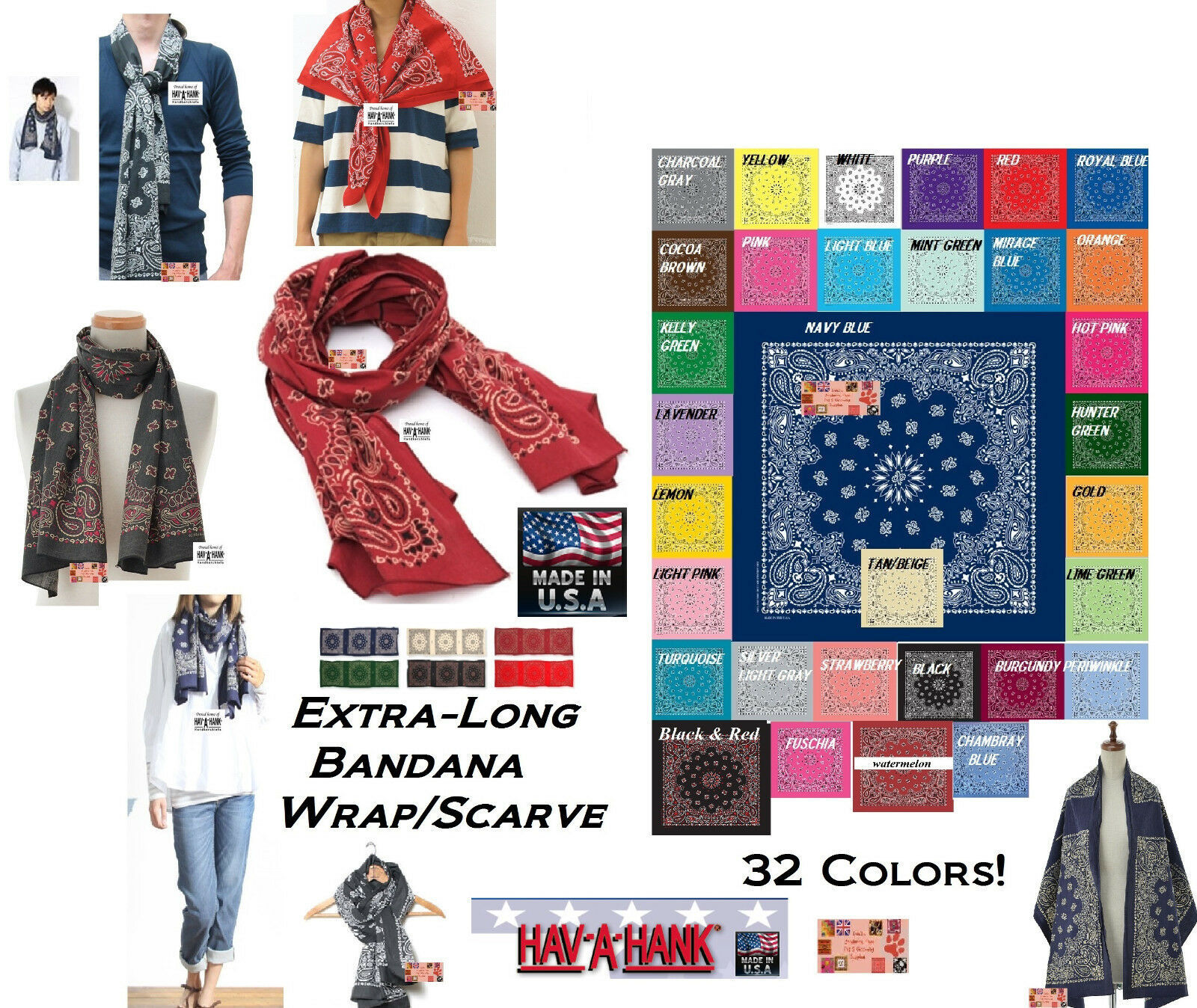 HAV-A-HANK LONG PAISLEY BANDANA SCARVES WRAP NECK SCARF 66"(168cm)x22"(55cm)