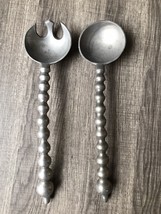RETRO PEWTER Salad Servers Large Fork &amp; Spoon 13” Made In India Beaded Arched￼ - £20.30 GBP