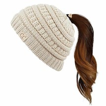 Beige - Ponytail Beanie Kids Soft Stretch Knit Messy High Bun - £20.86 GBP