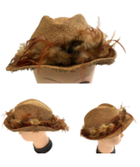 Vintage Hat Burlap Woven with feathers Brown slouch hat - $16.80