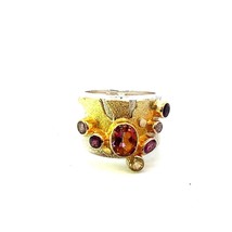 Vintage Signed Sterling Gold Tone Modern Abstract Multi Gemstone Ring Band sz 10 - £51.71 GBP