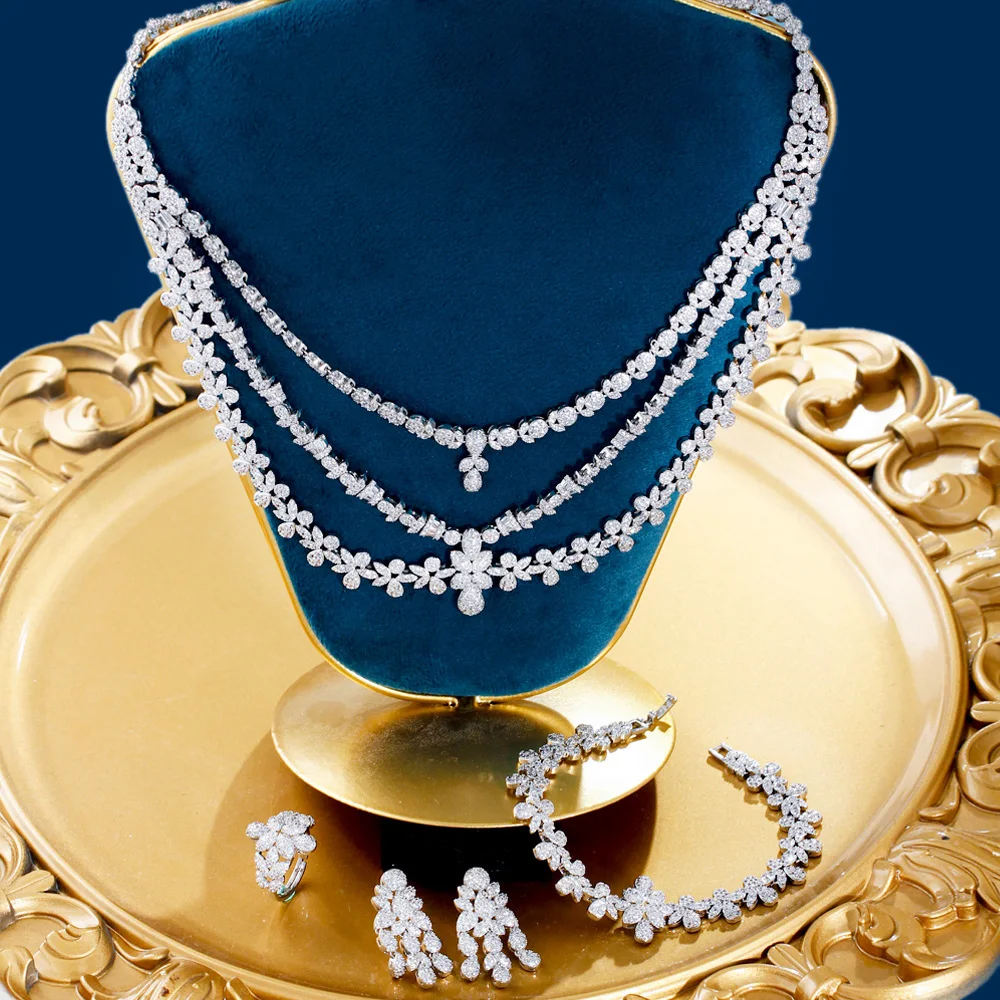 Elegant Shiny White CZ 3 Layers Leaf Drop Pendant Necklace Earrings Ring Bracele - £74.29 GBP