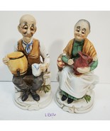 Vintage Pair Elderly Couple Sitting Bisque Figurines Beer Barrel basket ... - £17.48 GBP