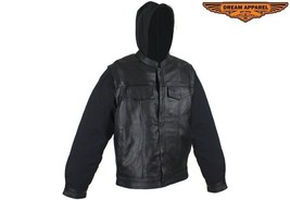 Motorcycle Jacket Black Leather Jacket Removable Canvas Sleeves &amp; Hoodie MCJ - £118.03 GBP+
