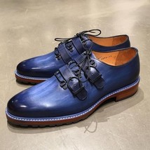 New Burnished Blue Stylish Handmade Rounded Toe Genuine Leather Men Vintage Shoe - £113.88 GBP