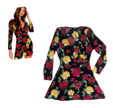 Missguided Womens Size 4 Black Red Floral Silky Long Sleeve Tea Dress w/ Ruffle - £14.78 GBP