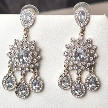 Nicole Miller Crystal Rhinestone Dangle Earrings Gray &amp; Clear Stones 2.25&quot; EUC - £6.56 GBP