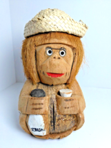 Carved Coconut Monkey In Hat Coin Bank - Holding Rhum Bottle Tiki - Vint... - $15.41