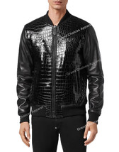 MEN&#39;S CROCODILE PATTERN BLACK FASHION VARSITY LEATHER JACKET - £94.38 GBP+