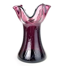 Vintage Bischoff Amethyst Crackle Art Glass Large Ruffle Edge VASE Blown Heavy - £35.50 GBP