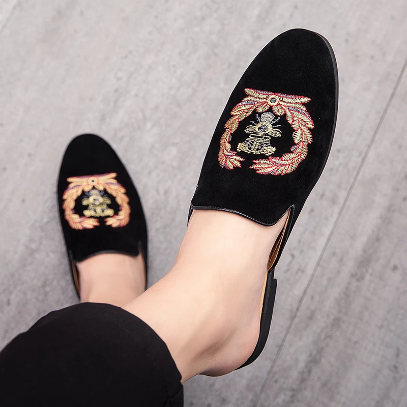 Suede leather open back slip on dress slippers backless velvet loafers lazy person half thumb200