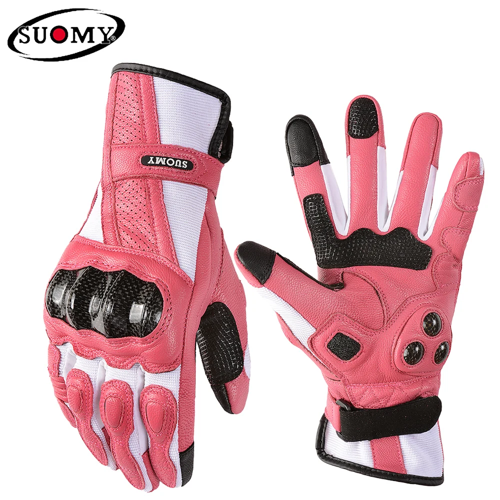 Suomy Women Pink Goatskin Motorcycle Gloves Lady Long Full Finger Scooter - £41.10 GBP+