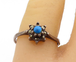 925 Sterling Silver - Vintage Turquoise &amp; Marcasite Band Ring Sz 8 - RG7174 - £20.53 GBP