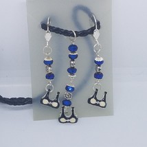 Necklace Earrings Bikini Bra Top 1/2 &quot; Charm Blue Silver Bead Black Leat... - £11.78 GBP