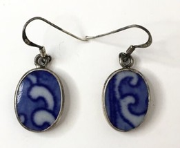 Blue and  White Ceramic &amp; 925 Sterling Silver Dangle Drop Hook Earrings - £15.77 GBP