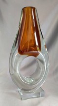 Heavy Clear/Brown Teardrop Art Glass Sculpture Vase on Clear Base - £19.47 GBP