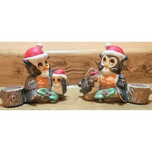 Vintage Owl Family In Santa Hats Christmas Pillar Candle Holder Set Of 2 - $217.34 MXN