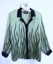 Bob Mackie Wearable Art Button Down Blouse Top XL Black Green Leaves Ferns - £22.32 GBP