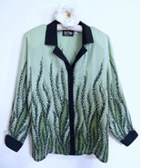 Bob Mackie Wearable Art Button Down Blouse Top XL Black Green Leaves Ferns - £21.98 GBP