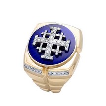 14K Gold Square Men&#39;s Christian Signet Ring with 49 Diamonds and Blue En... - £2,228.07 GBP