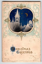 Christmas Postcard Church Embossed Holly Leaves Crescent Moon Gold Stars... - $18.05