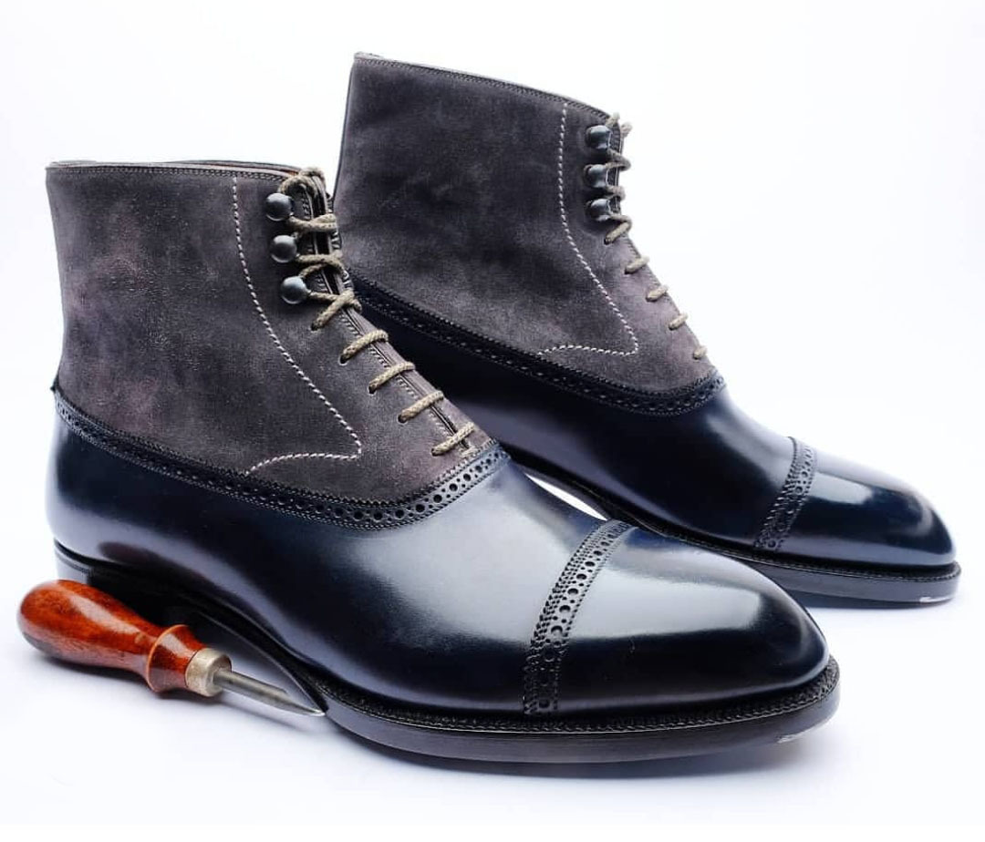 NEW Handmade Men Black Gray Cap Toe Ankle Boot, Men's Lace Up Leather Suede Boot