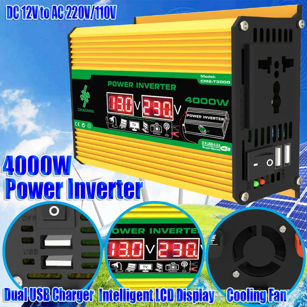 LED Car Power Inverter Converter Charger Adapter 3000/4000W 12V to 220V/110V - £31.56 GBP+