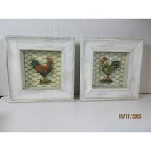 Set of 2 Rustic Farmhouse Rooster Wall Art Framed Chicken Wire Country Decor - $16.29