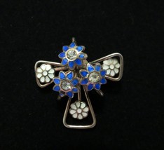 Antique Enamel Cross Brooch Pendant Rhinestones 1.25&quot; Blue Flowers Patent # - £7.64 GBP