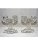 Vintage Anchor Hocking Glass 2 Hole Candle Holder Set of 2 Art Deco Quee... - $37.41