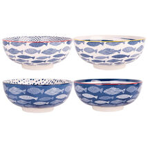 8"D Fish Blue And White Design Pasta or Dinner Bowl Set of 4 - $57.42