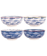 8"D Fish Blue And White Design Pasta or Dinner Bowl Set of 4 - $57.42
