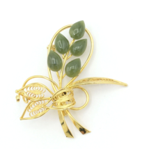 NEPHRITE JADE brooch &amp; clip earring set - vtg gold-tone filigree green s... - £31.46 GBP