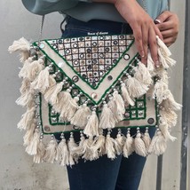 Green mirror work bohemian bag, fashionable envelope bag,crossbody bag, jute bag - £40.90 GBP