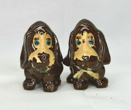 Vintage Set Of Ceramic Brown Bassett Hounds With Tan Faces Salt &amp; Pepper Shakers - £8.80 GBP