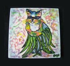 VTG Hand Painted Hawaiian Cat Wall Art Tile Textured Claudia Sanchez CGS 4&quot; - £11.09 GBP