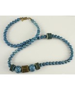 VINTAGE Costume Jewelry Ceramic Blue Speckle Bead &amp; Brass Necklace 30&quot; Long - £22.67 GBP