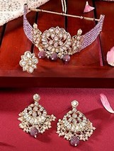 Purple Multistrand Beaded Kundan Choker Necklace Earring Ring Jewelry Set Indian - £18.76 GBP
