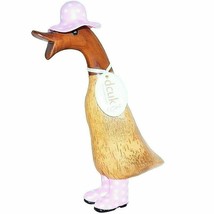 DCUK Duckling Nora Spotty Pink Hat Wellies Natural Bamboo Wood Carved Duck 9 in - £43.95 GBP