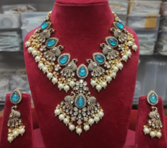 Bollywood Style Indian Blue Gold Plated CZ Kundan Necklace Earrings Jewelry Set - £185.62 GBP