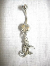 Cute Pewter 3D Monkey W Curled Tail Animal Charm On 14g Dbl Clear Cz Belly Ring - £4.73 GBP