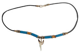 Shark Tooth Necklace Turquoise Color Orange Gold Beads Faux Leather 17-i... - $25.95