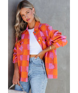 Orange Plaid Chest Pockets Button-up Turn Down Collar Jacket - $769.54 MXN