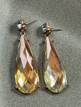 Large Round Clear Rhinestone w Faceted Pale Yellow Teardrop Dangle Goldtone Post - £8.92 GBP
