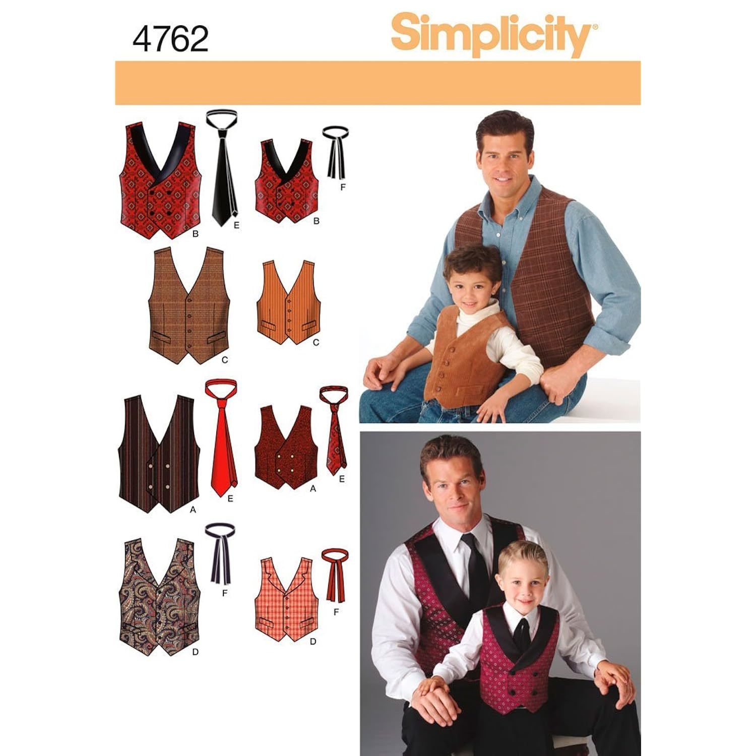 Primary image for Simplicity 4762 Vest and Tie Sewing Pattern for Men and Boys, Size A (S-XL)