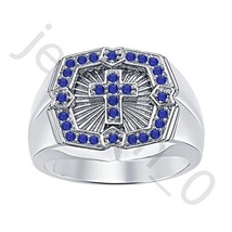 0.50 ct Lab Created Blue Sapphire 14k White Gold Over Holy Cross Band Men&#39;s Ring - £49.32 GBP