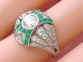 Estate Art Deco 1.27ctw Diamond .42ctw Emerald Platinum Cocktail Engagement Ring - £4,011.31 GBP